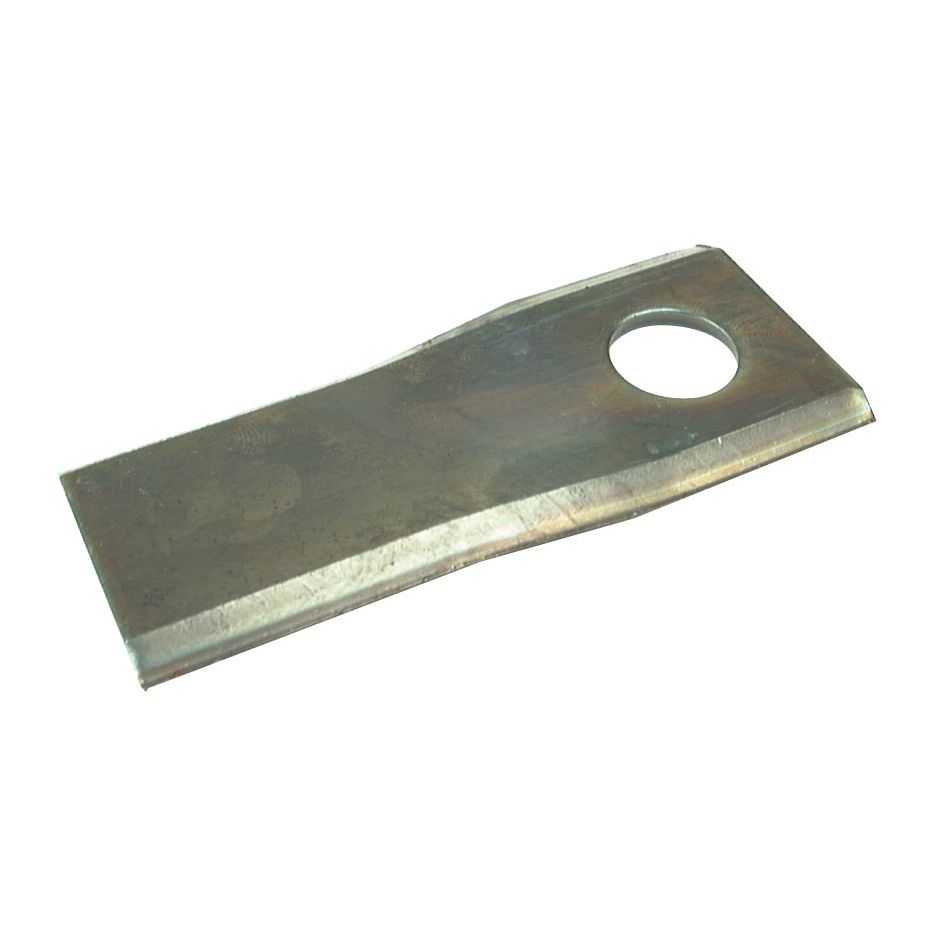 A twisted mower blade with a sharp top edge, measuring 93 x 40 x 3mm, featuring a beveled design and a circular hole of Ø16.25mm near one end, commonly used as Sparex Part No. S.77054 in various agricultural machinery such as Kuhn, John Deere, New Holland, Bamford, Kverneland, PZ, and Kidd models.