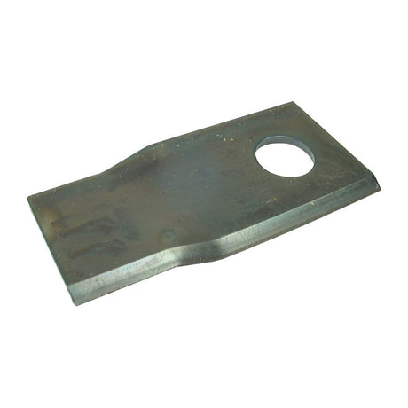 A rectangular metal piece with a hole near one end, likely a part of machinery or equipment, possibly resembling the Mower Blade from Sparex—a twisted blade with a bottom edge that is sharp and parallel. It measures 105 x 48 x 3 mm and has a hole with a diameter of 19 mm. This right-hand replacement part fits Claas and PZ, compatible with model 9041778 (Sparex Part No.S.77055).