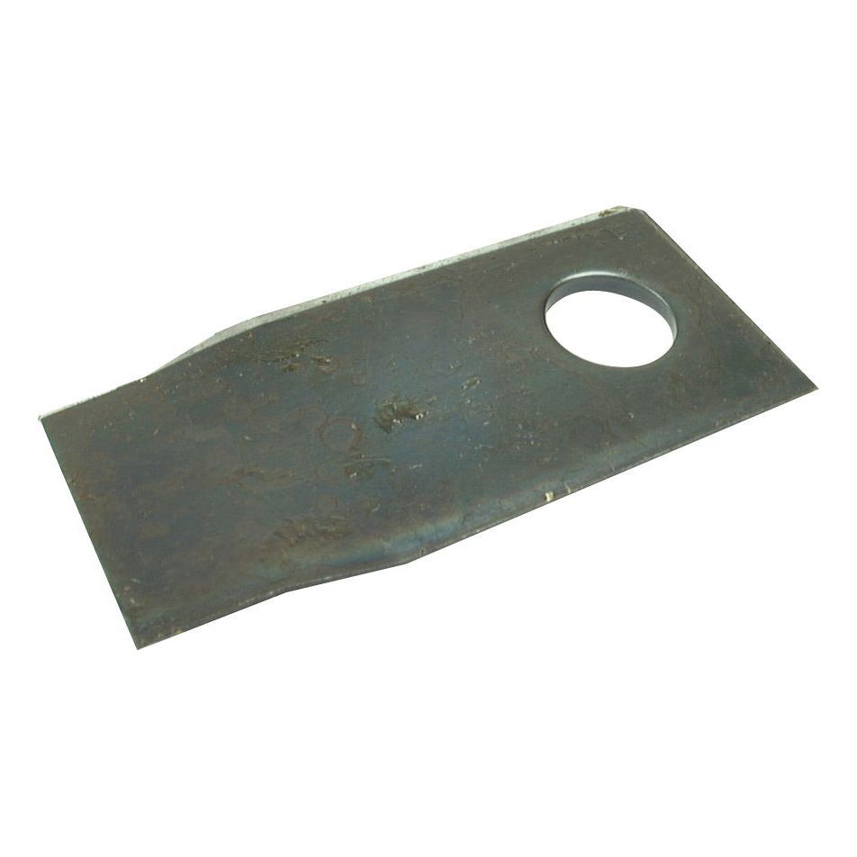 A rectangular metal sheet with a 19mm circular hole near one end, slight rust patches on its surface, and a Sparex Mower Blade - twisted blade, top edge sharp & parallel - located nearby.