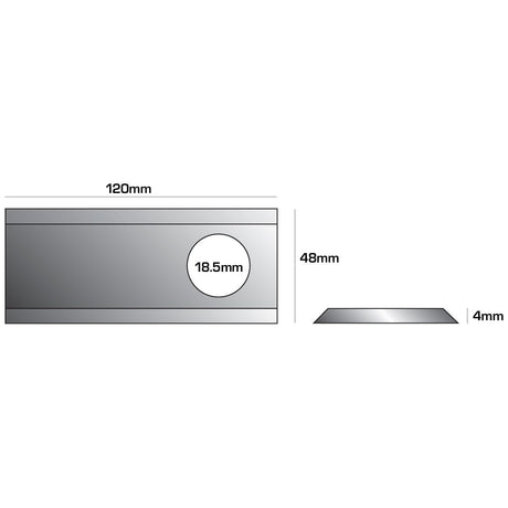 Diagram of a Sparex Mower Blade - Twisted blade, top edge sharp, 120mm long, 48mm wide, and 4mm thick, featuring an 18.5mm diameter hole near one end. This alternative to 27635 provides precise specifications for your project needs. Sparex Part No.S.77075