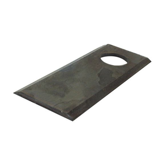 The Mower Blade, model 98D STRAIGHT (Sparex Part No. S.77077), features a 98 x 40 x 3mm metal flat blade with sharp top edges and a Ø19mm circular hole near the top right corner, suitable as a replacement for various brands including Galfre, BCS, Kidd, Farendlose, Fort-Morra, and Marangon.