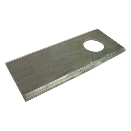 A Sparex Mower Blade - a flat blade with sharp top edges, measuring 108 x 48 x 3mm, featuring a Ø21mm hole near one edge; it can be used as a replacement part for various brands including Galfre, Marangon, Morra, and New Holland.