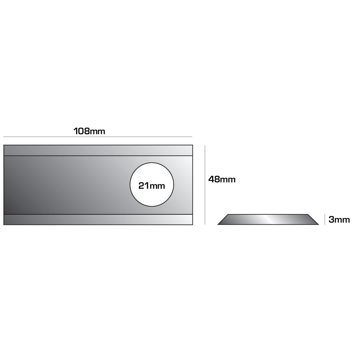 A schematic drawing shows a rectangular metal object with dimensions of 108mm by 48mm, featuring a 21mm circular cutout and a 3mm thickness, resembling the precise design of the Sparex Mower Blade (Flat blade, top edges sharp - 108 x 48x3mm - Hole Ø21mm - RH & LH - Replacement for Galfre, Marangon, Morra, New Holland; To fit as: 108D STRAIGHT | Sparex Part No.S.77079). Side view also depicted.