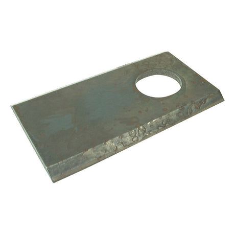 A rectangular mower blade with sharp top edges and a rough, rustic surface from Sparex features a 20.5 mm hole near one corner, reminiscent of Rasspe craftsmanship. This flat blade measures 94 x 50 x 4 mm and is suitable as both a right-hand and left-hand replacement for JF and Stoll models (Sparex Part No.S.77083).