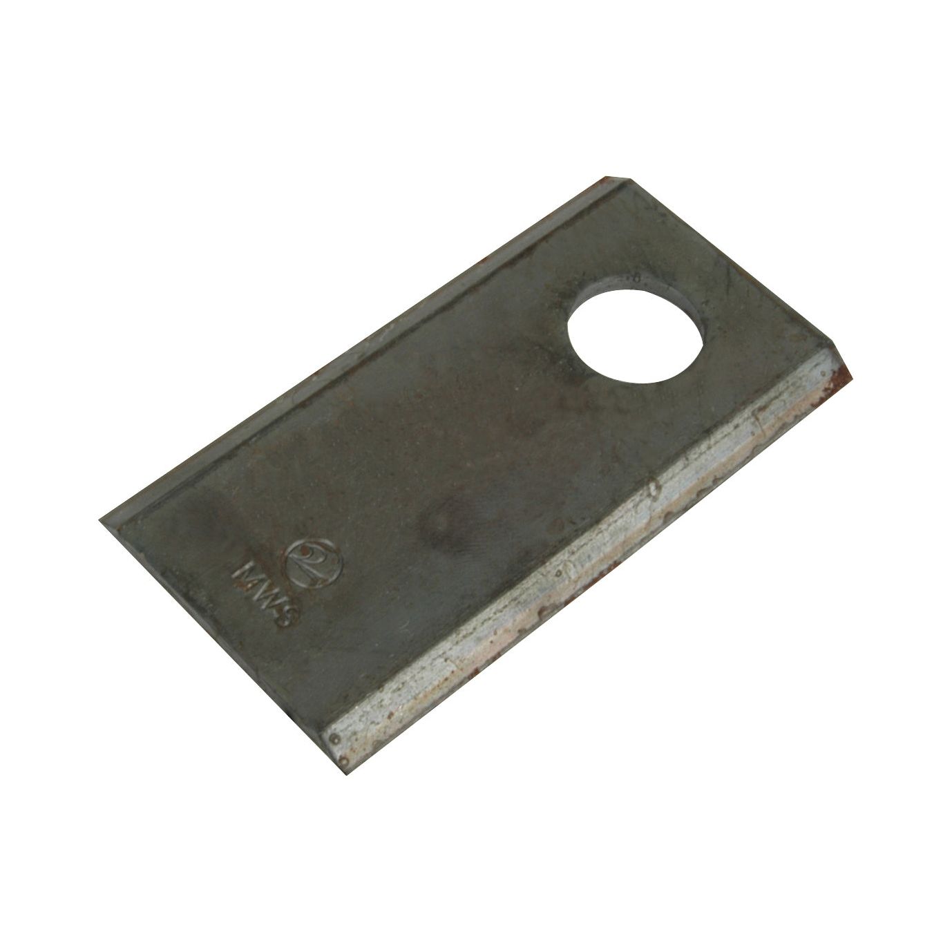 A Sparex Mower Blade, measuring 96 x 50 x 4mm with a Ø19mm hole near one end, features sharp top edges and shows some light wear along with engraved markings. This blade is a suitable replacement for JF and Stoll models, fitting as part number 13800025 (Sparex Part No.S.77090).