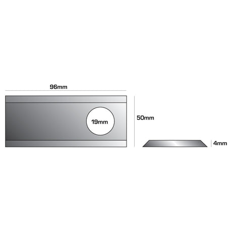 A technical drawing of a rectangular Mower Blade named "Twisted blade, top edge sharp & parallel" distributed under the Sparex brand, with dimensions 96mm in length, 48mm in width, and 4mm in height. The blade features a centrally positioned circular hole with a diameter of 19mm. This component is designed to fit Claas and Krone machinery as part number 4.146.691.1 and can be found under Sparex Part No.S.77095.