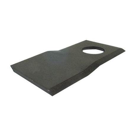 A rectangular black metal blade, called the Sparex Mower Blade (Product No. S.77096), has a twisted design, a sloped top edge that's sharp and parallel, and features a 19mm circular hole. This left-handed replacement fits Krone models with part number 147.419.5 and measures 94 x 40 x 3mm.