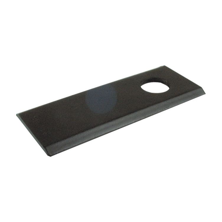 A black rectangular metal plate with a single circular hole near one end, ideal for use with Sparex Mower Blades — flat blade, top edges sharp (94 x 40x3mm), hole Ø16.25mm, suitable as replacements for Kuhn and New Holland models.