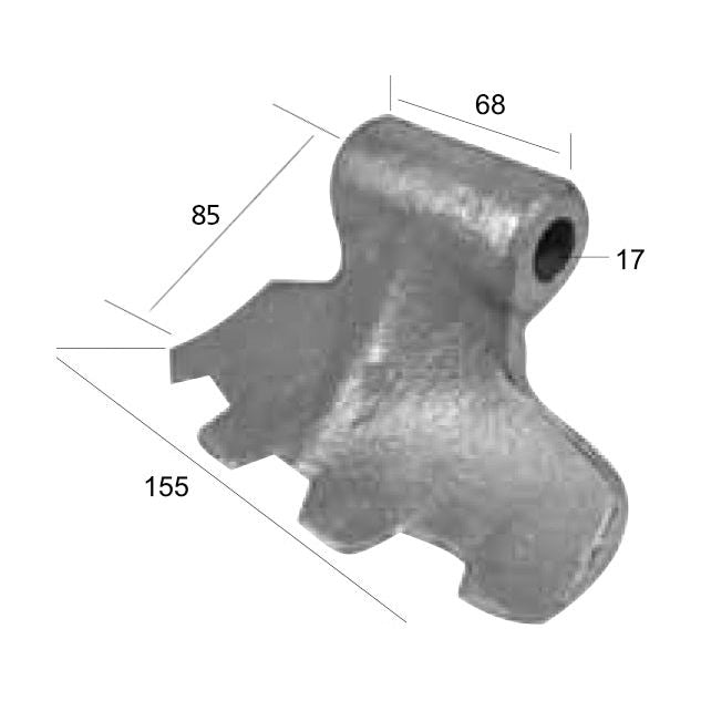 A Hammer Flail metal component with a curved top, precisely measuring 68mm in top width, 155mm in bottom width, a hole diameter of 16.5mm, and an 85mm radius; perfect as a Sparex replacement for Votex machinery. Compatible with: 4503182 - S.77111.