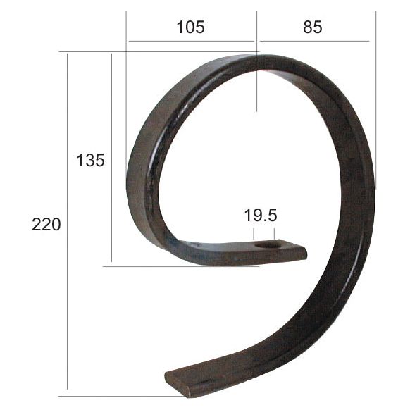 The S Tine Helper 32x10mm (Sparex Part No.S.77118) by Sparex features a metal spiral design with measurements: height 220 units, width 190.5, 105, 85, and 135 units. It serves as part of a bracket or structural element and is compatible with Universal Tractors, meeting the specifications of Sparex Section 32x10.