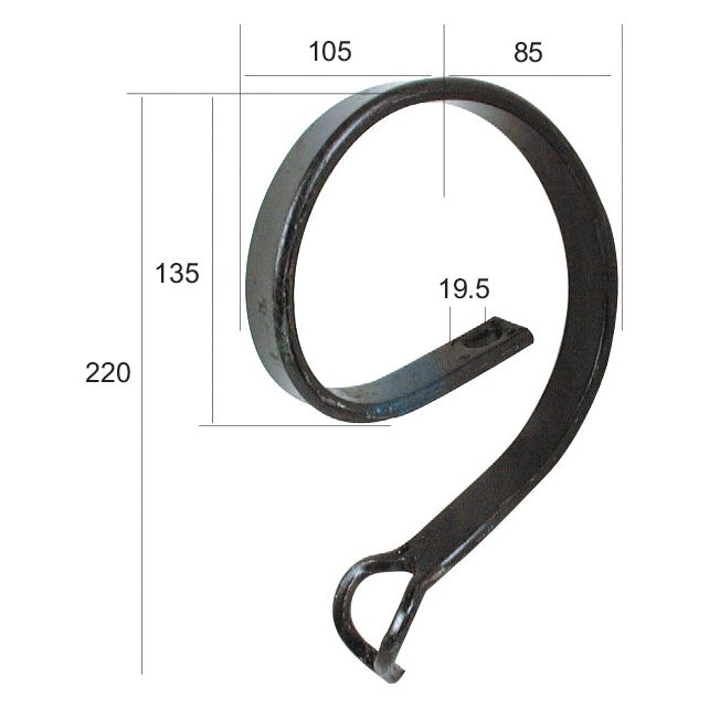 The S Tine Helper 32x10mm from Sparex (Part No. S.77119) features dimensions of 105 mm, 85 mm, 135 mm, 220 mm, and 19.5 mm. This metal bracket has a curved design with a hook at one end and a flat, angled tab at the other—making it ideal for Universal Tractors.