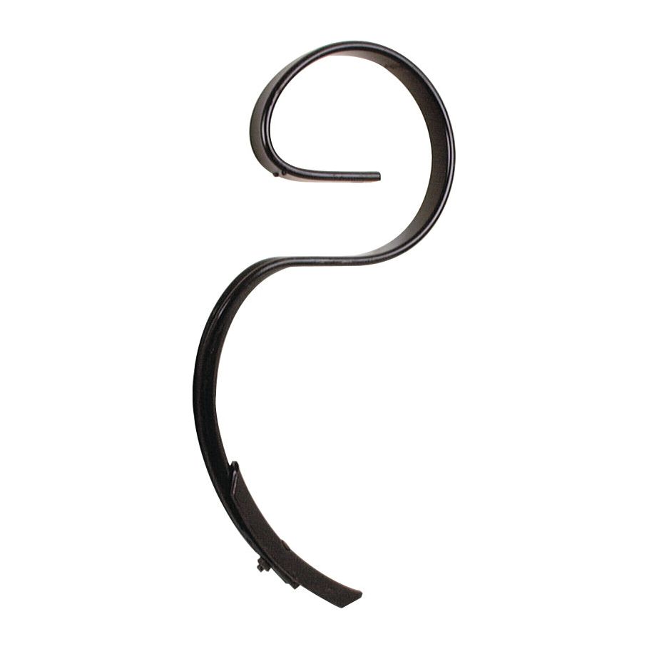 The Sparex S Tine 45x12x700mm - S.77123 is a black metal bracket with an elegant scroll design, perfect for hanging items such as plants or lanterns. This bracket curves outward and ends in a hook. It includes a frame mounting hole for secure installation, effortlessly combining elegance with functionality.