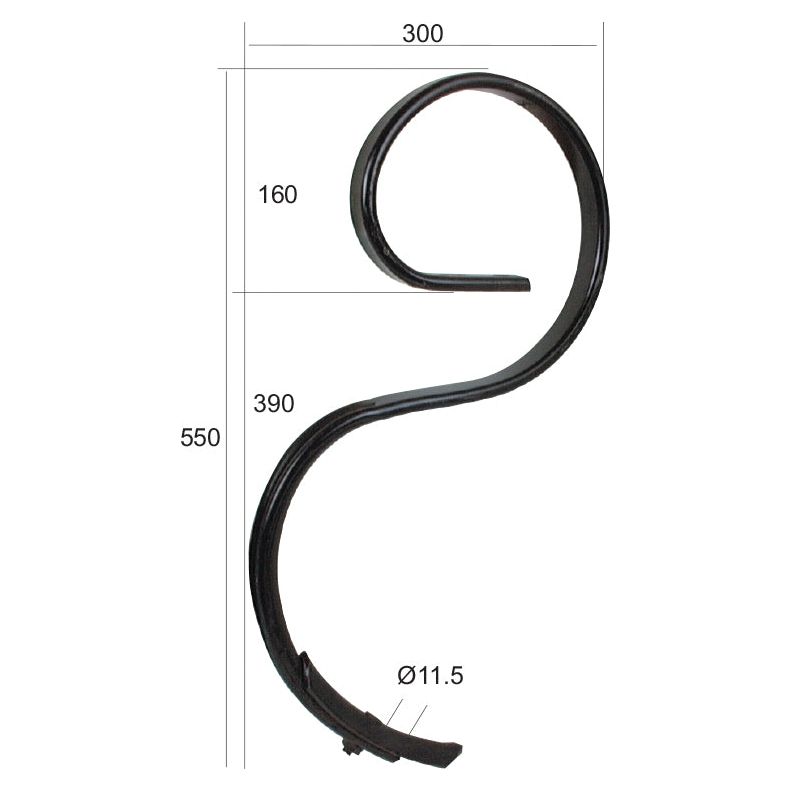 The Sparex S Tine 32x12x550mm (S.77124) features a spiral design, measuring 550 mm in height and 300 mm in width, with specific segments marked at 160 mm and 390 mm, and ends with a diameter of 11.5 mm.