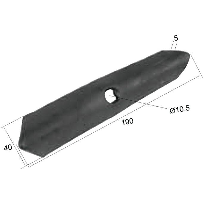 Sparex Reversible Point, measuring 190mm in length, 40mm in width, and 5mm in thickness, with a central hole diameter of Ø10.5mm and annotated measurements. Compatible with Massey Ferguson 865753M1 and Universal Tractors. To fit as: 01000638 | Sparex Part No.S.77125.
