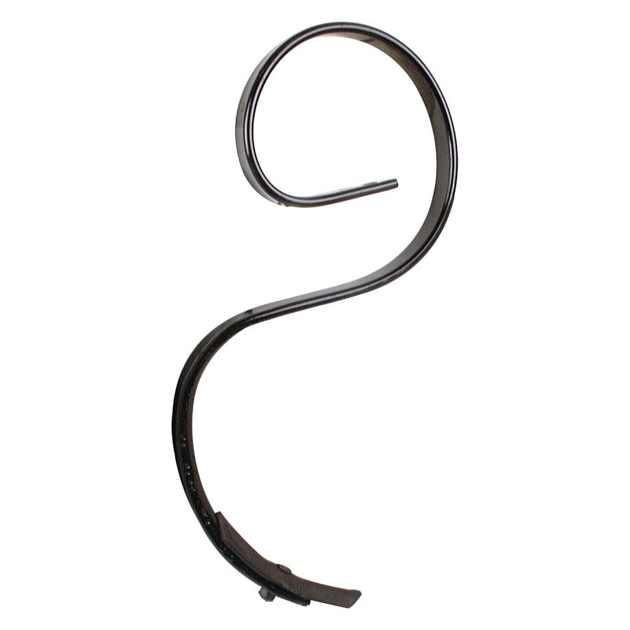 Product Description: The Sparex S Tine, measuring 32x10x550mm and designed to fit as item 01000636 - S.77126, is a black metal object with a curved, decorative shape resembling a stylized treble clef symbol. It stands vertically on a white background and elegantly features a frame mounting hole at its base.