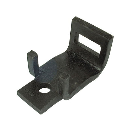 A Sparex S Tine Clamp without helper, measuring 32x10mm and suitable for 50x12mm applications, features a flat base, a rectangular cutout on one end, a round hole near the base, and two vertical prongs on the opposite side; ideal for Universal Tractors.