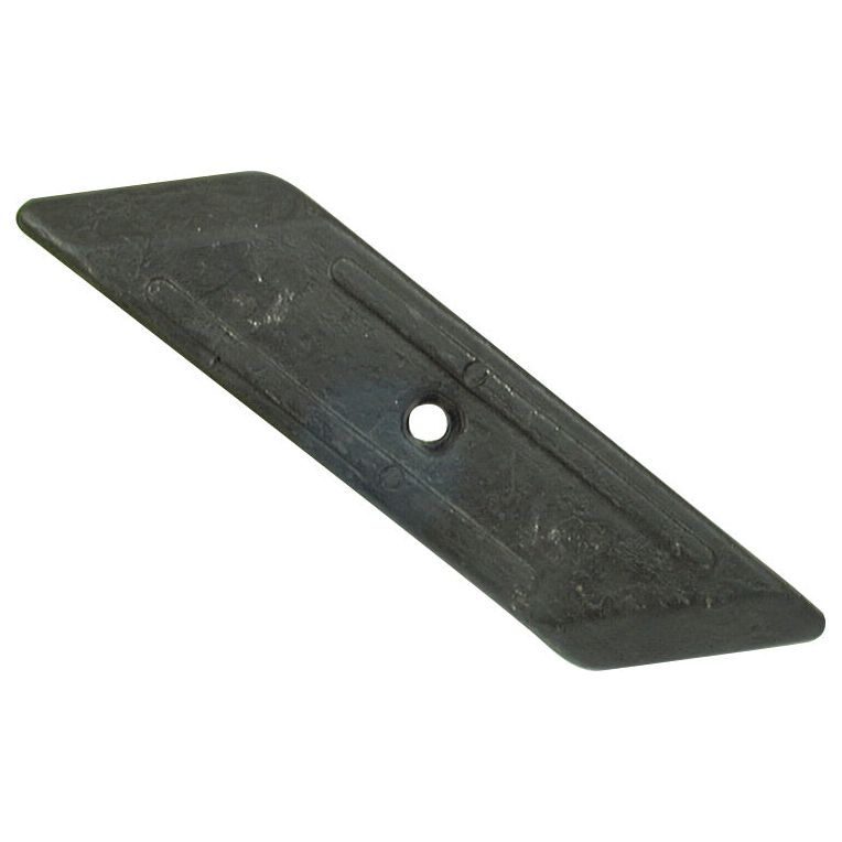 The Reversible Plough Point RH by Sparex, featuring a black metal blade with a single central hole, is elongated and rectangular in shape with sharp edges. This blade is compatible with Dowdeswell machinery and fits as 1176598 (Sparex Part No.S.77128).