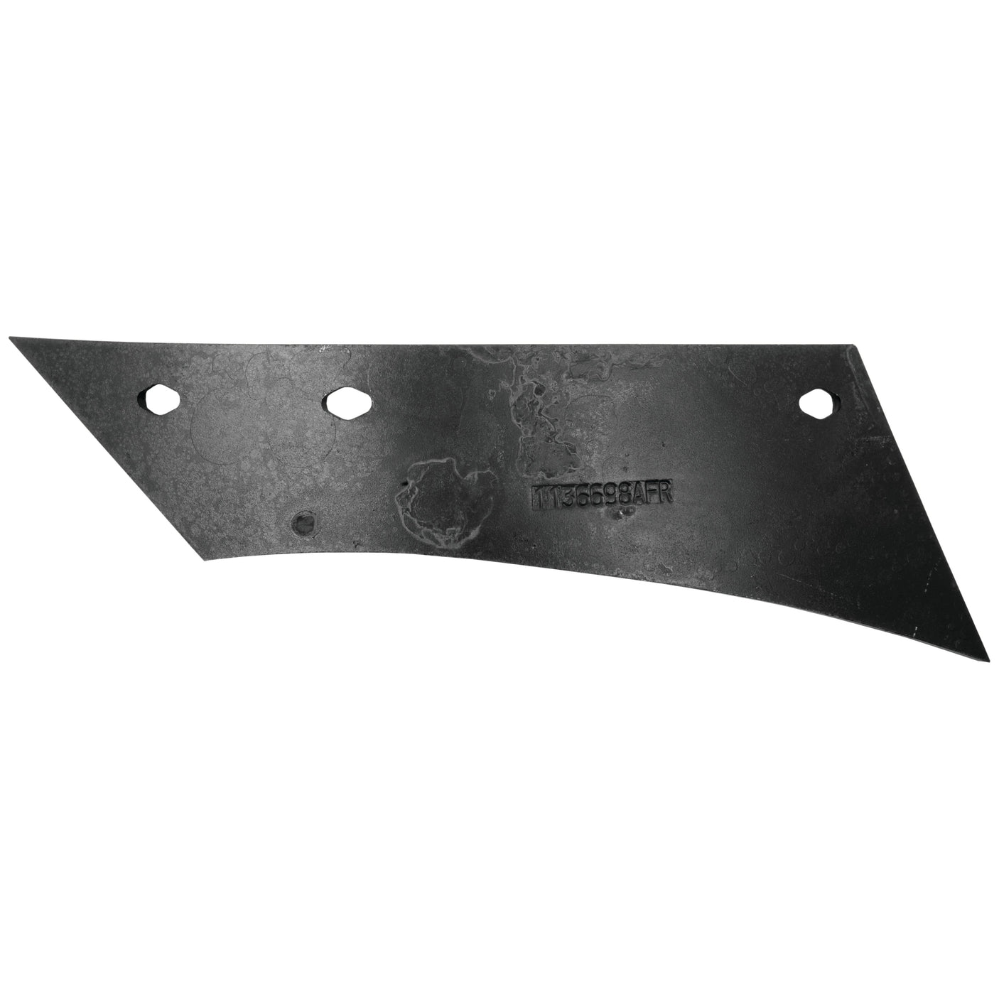 A black, angled metal blade with three holes and a textured surface, features an indented Dowdeswell logo and text. It is known as the Shin - RH (Dowdeswell), fitting as 1136698, and is available under Sparex Part No. S.77132 from the brand Sparex.