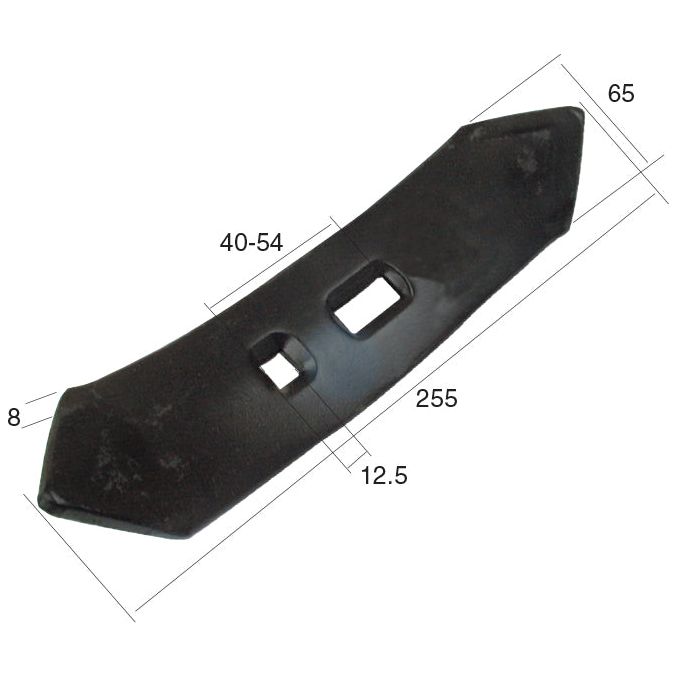 The Sparex Reversible Point (Part No. S.77172), designed specifically for Universal Tractors with compatibility code 646740M1, is a black, rectangular component featuring two rectangular cut-outs. It measures 255mm by 65mm and has a thickness range of 8mm to 12.5mm and a width between 40mm and 55mm. Additionally, it includes a robust hole of 12mm for heavy-duty fasteners.