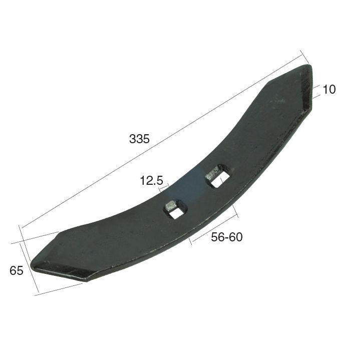 The Sparex Reversible Point, model number S.77177, is a black, curved metal part designed for universal tractors. It measures 335mm in length, 65mm in width, and 10mm in thickness. The part features two rectangular holes with centers spaced between 56-60mm and each hole is 12.5mm wide. This heavy-duty component is ideal for use with robust fasteners.