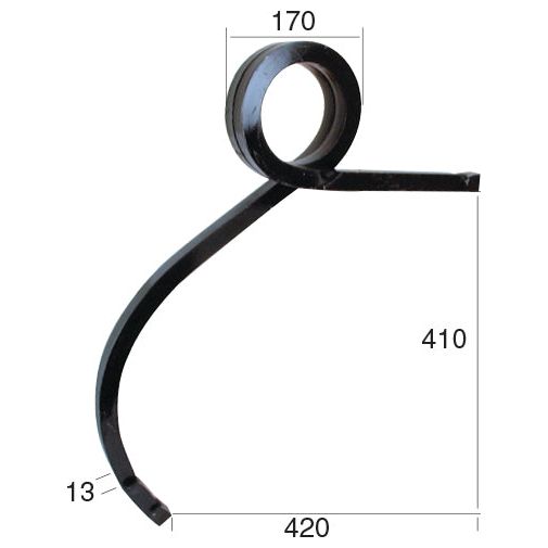 The Pigtail tine - 25x25x475 LH (Sparex Part No. S.77183) is a black metal agricultural component with a curved design, featuring dimensions of 170 mm coil diameter, 410 mm height, 420 mm length, and 13 mm width. It is compatible with Universal Tractors and designed to meet the high durability and performance standards set by Sparex.