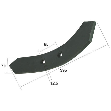 Reversible point by Sparex, often used as a heavy fastener, measuring 10mm thick, 85mm wide between hole centers, 75mm high, and 395mm long. Fits model: 00488701 | Sparex Part No. S.77186