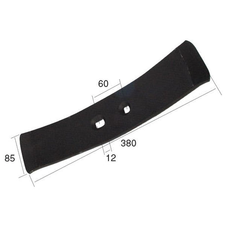 The Sparex Reversible Point, with dimensions of 380mm length, 85mm height, and a 12mm hole diameter, features two rectangular holes spaced 60mm apart. This durable metal component is ideal for use with heavy-duty fasteners or as a Bomford sparex replacement part (Sparex Part No. S.77187 | Fits as: 0171201).