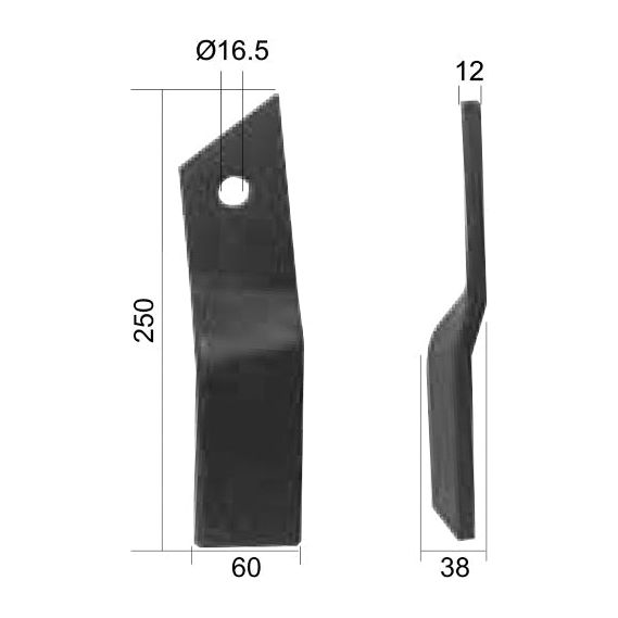 Rotavator Blade Twisted LH 60x12mm Height: mm. Hole centres: mm. Hole⌀: 16.5mm. Replacement for Howard
 - S.77189 - Farming Parts