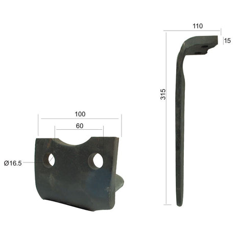 3D render of a metal bracket showing front and side views with measurements. The front view highlights two circular holes with hole centers at 60mm and a hole diameter of 16.5mm, while the side view shows the bracket's L-shaped profile. Detailed product specifications for Power Harrow Blade 100x15x315mm LH from Sparex, including compatibility with Howard 185506, are clearly illustrated (Sparex Part No.S.77191).