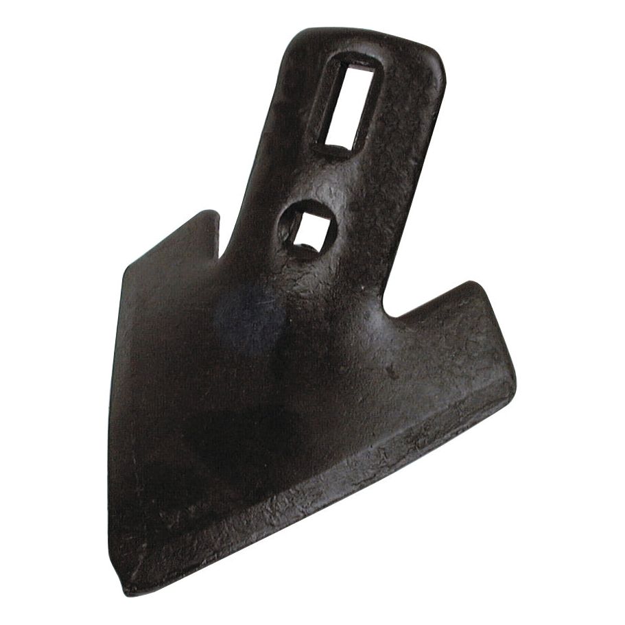 Introducing the Sparex Sweep 180x8mm, Part No. S.77204: a black, arrow-shaped metal agricultural tool part featuring two rectangular slots and a central circular hole for attachment (hole centers at 40/60mm), suitable for Universal Tractors.