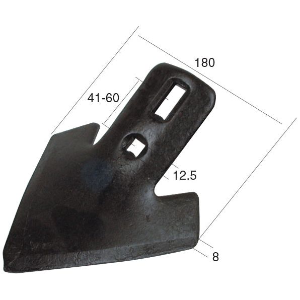 The Sparex Sweep 180x8mm (Sparex Part No. S.77204) is a metal tool featuring two rectangular holes with hole centers measuring 40mm and 60mm, respectively. It has dimensions of 180mm in length and 12.5mm thick, tapering from a wide, triangular base to a pointed tip—ideal for use with Universal Tractors.