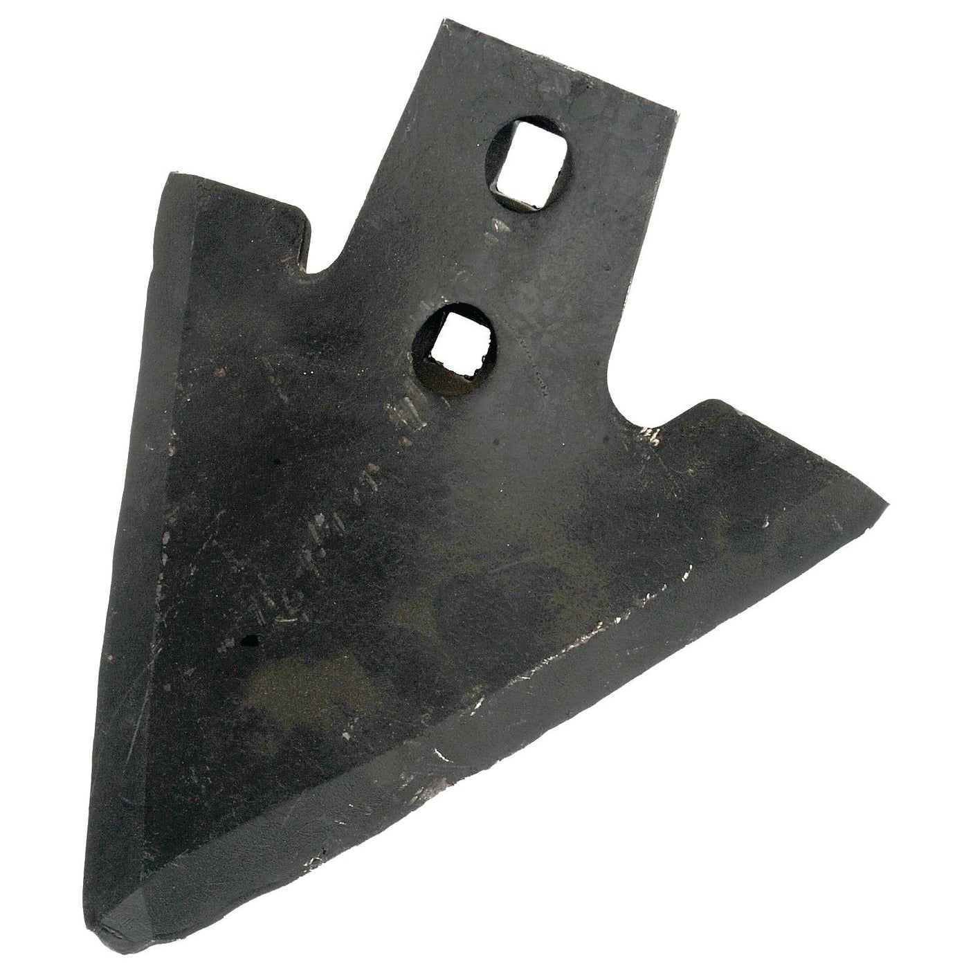 The Sweep 200x6mm - Hole centres 45mm (Sparex Part No.S.77214) by Sparex is a black metal agricultural blade with a triangular shape and two rectangular holes for mounting, perfectly compatible with Universal Tractors.