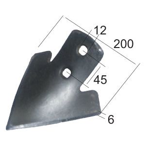 Diagram of a metallic, triangular-shaped part labeled "Sweep 200x6mm - Hole centres 45mm", with dimensions: length 200 mm, width 12 mm at the top, and midsection width of 45 mm. The thickness is noted as 6 mm. Two circular holes (Hole Ø 12mm) are positioned in the midsection. This component is ideal for Universal Tractors and is identified by Sparex Part No.S.77214 from the Sparex brand.