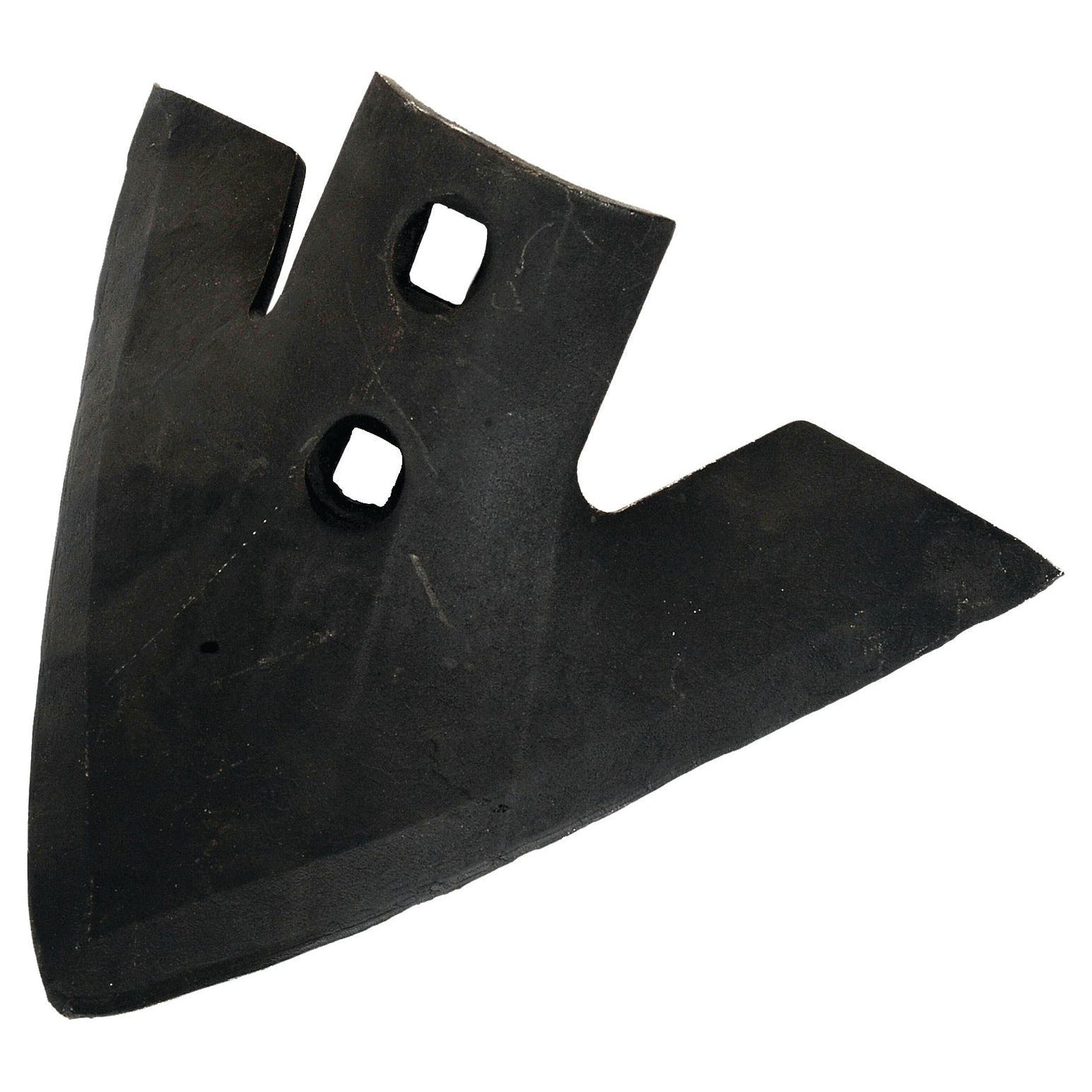 Introducing the Sweep 250x6mm with Hole centers 45mm, a black triangular metal plow blade designed for Universal Tractors. Featuring two 12mm diameter square holes near the top edge, it is brought to you by Sparex (Part No. S.77217).