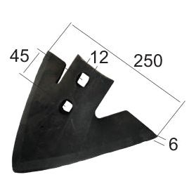 The image depicts a Sweep 250x6mm metal part, with dimensions marked as 45, 12, 250, and 6 millimeters. It features two square cutouts, one diagonal edge, and a hole with a diameter of 12mm. This component fits Universal Tractors and is available from Sparex under the Part No. S.77217.