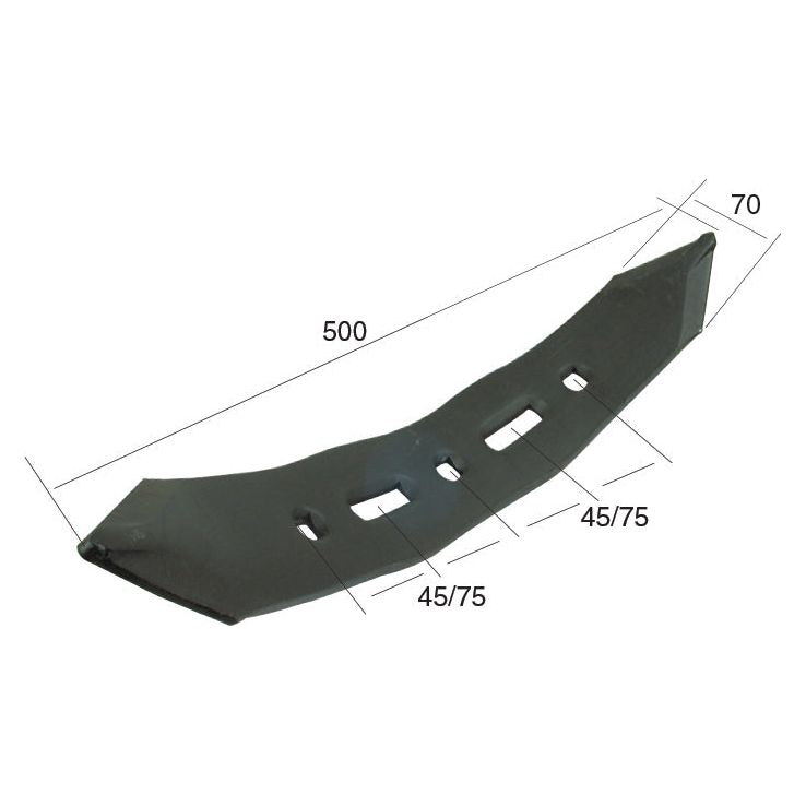 The Sparex Reversible Point (Part No. S.77218) with dimensions of 500mm width, 70mm height, and hole centers measuring 45/75mm features a heavy-duty design with three rectangular holes. It is compatible with Universal Tractors and John Deere models as part N130195.