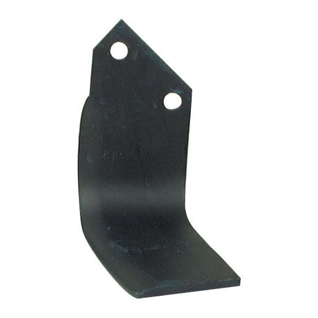 A single black L-shaped metal bracket with two circular holes at the top, perfect for compatible fittings with Dowdeswell AR equipment, such as the Sparex Rotavator Blade Square Type Blades RH 80x7mm Height: 180mm, Hole centres: 57mm, and Hole Ø: 13.5mm (Sparex Part No. S.77223).