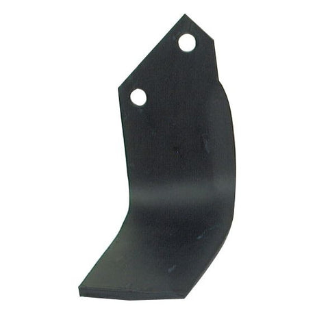 A black metal Rotavator Blade Square LH from Sparex, featuring an angled tip and two pre-drilled holes near the top for mounting, is compatible with Kuhn EL100 and can be securely attached using Sparex Fasteners. The blade measures 180mm in height with hole centers at 57mm apart and a hole diameter of 13.5mm (Sparex Part No. S.77224).