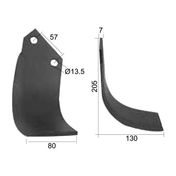 Rotavator Blade Curved RH 80x7mm Height: 205mm. Hole centres: 57mm. Hole⌀: 13.5mm. Replacement for Breviglieri, Howard
 - S.77225 - Farming Parts