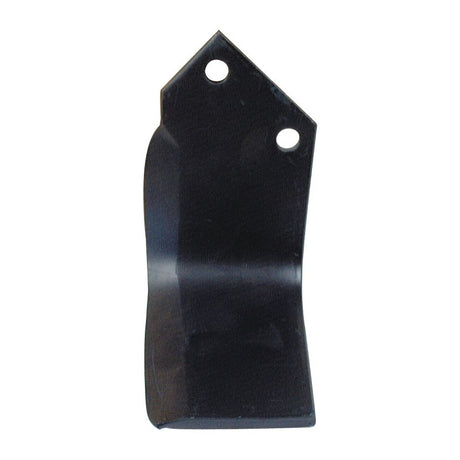 A black, metal Rotavator Blade Square RH from Sparex with a height of 175mm, featuring a slightly curved shape and two mounting holes with centers 57mm apart and diameters of 13.5mm each, compatible as a replacement for Dowdeswell AR models.