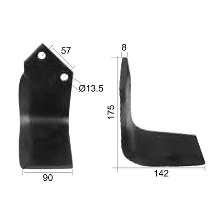 Image showing a Rotavator Blade Square RH and its dimensions: height 175mm, 90x8mm, with hole centers at 57mm and a hole diameter of Ø13.5mm. Side and front views displayed. Compatible as Sparex Part No. S.77227 for Dowdeswell and Howard fitments model number 63605.