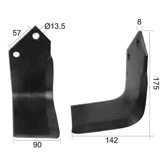 The Sparex Rotavator Blade Square LH features two black metal components with the following specifications: hole diameter (Ø13.5 mm), lengths (90 mm and 142 mm), width (8 mm), height (57 mm and 175 mm). These parts are compatible with Dowdeswell AR specifications, fitting as replacement part number 63604.