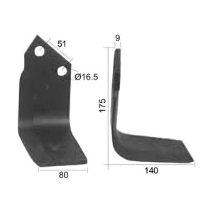 Rotavator Blade Square RH 80x9mm Height: 175mm. Hole centres: 51mm. Hole⌀: 16.5mm. Replacement for Dowdeswell, Howard
 - S.77229 - Farming Parts