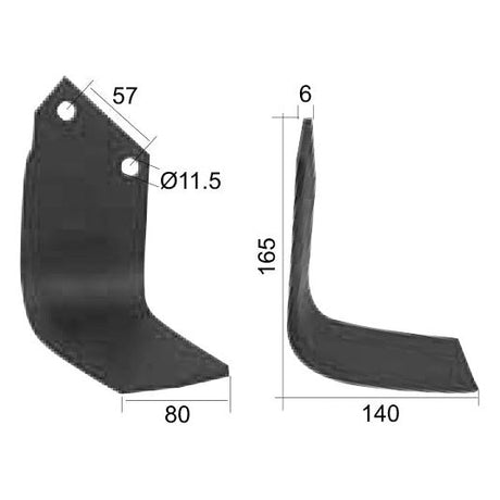 Diagram of a Rotavator Blade Square RH with measurements for Dowdeswell, Howard, Kuhn. Dimensions: 80mm x 165mm x 140mm, thickness 6mm, hole diameter 11.5mm, distance between holes 57mm. Replacement to fit as: 9901 | Sparex Part No. S.77231