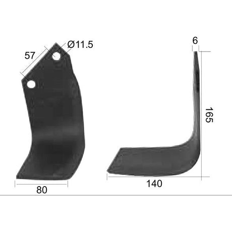 Image of the Sparex Rotavator Blade Square LH with 80mm base width, 140mm depth, 165mm total height, and 57mm hole centers. The blade has a top height of 57mm, an 11.5mm hole diameter, and is 6mm thick. Side and front views are depicted. This blade is compatible with Dowdeswell HL models as a replacement part S.77232.