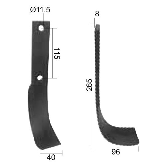 Rotavator Blade Curved RH 40x8mm Height: 265mm. Hole centres: 115mm. Hole⌀: 11.5mm. Replacement for Dowdeswell, Howard
 - S.77233 - Farming Parts