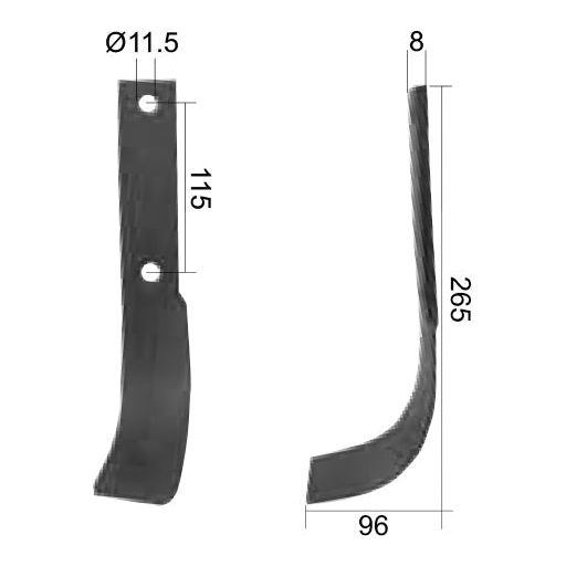 Here is the rewritten sentence using the provided product data:

Two views of a Sparex Rotavator Blade Curved LH 40x8mm, suitable for replacement in Dowdeswell and Howard machines. Front view: hole centers 115 mm, hole diameter 11.5 mm (2 holes). Side view: height 265 mm, width 8 mm, curved base. Ideal for use with Sparex Fasteners for secure attachment in Curved Type applications.