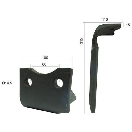 Side and front view of a Sparex Power Harrow Blade 100x15x315mm LH with dimensions indicated: 100mm wide, 315mm tall, 15mm thick, and a hole diameter of 14.5mm. Hole centers are 60mm apart. Replacement for Howard, fits as: 182940 | Sparex Part No. S.77237