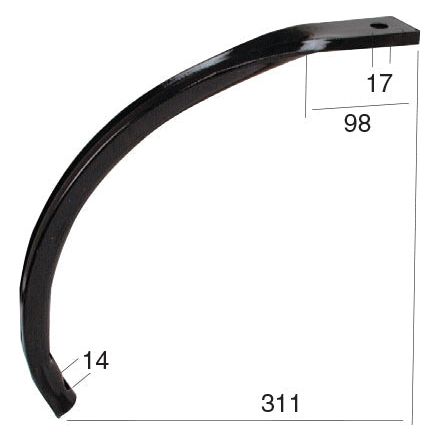 The Sparex Cultivator Leg, with a part number of S.77248 and dimensions of 500 mm by 50 mm by 13 mm, is designed to fit as 05000128. This curved black metal bracket features strategic hole spacing and measures 17 mm in width at its narrowest point, extends 98 mm from end to middle, and has a total length of 311 mm. The opposite end is marked at a width of 14 mm and adheres to the Primary OE Reference standards for Kongskilde equipment.