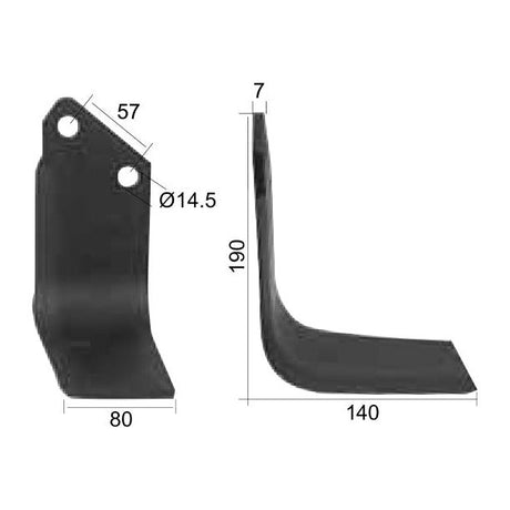 Two black metal L-shaped brackets with precise measurements displayed in millimeters. The brackets, branded under Sparex, show a length of 190mm and have holes of 14.5mm diameter spaced 57mm apart.